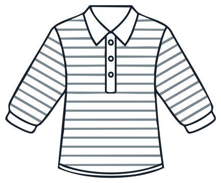 Striped Polo Shirt Outline Illustration, Casual Clothing, Apparel Design, Fashion Style, Long Sleeve, Buttoned Placket