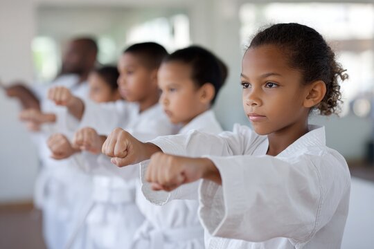 Children practicing martial arts in a dojo with blurred background