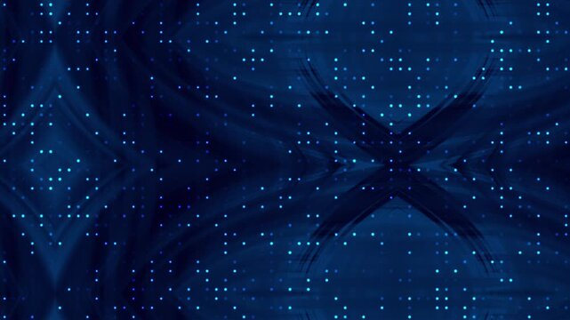 Deep blue swirls dance across the canvas. Abstract glitch animation background. Symmetrical patterns form elegant, mirrored shapes. Dark, radiant center draws the eye inward