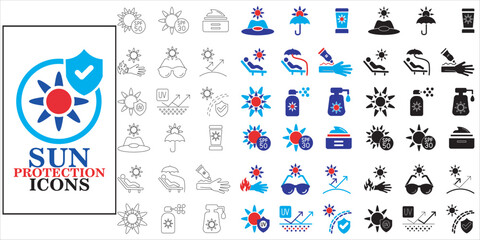 Fototapeta premium sun protection icon set bundle. summer, skin, sunscreen, protection, shield, safety, spf, sunlight, cream and more. simple flat complete vector