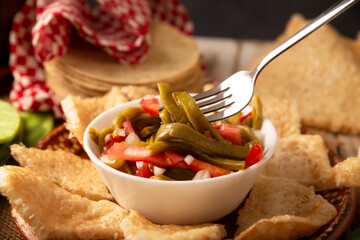 Nopales Salad. Mexican cactus salad, a traditional recipe that is easy, versatile, and very healthy. It can be eaten as a salad or as a side dish in various Mexican cuisine. © Sergio Hayashi