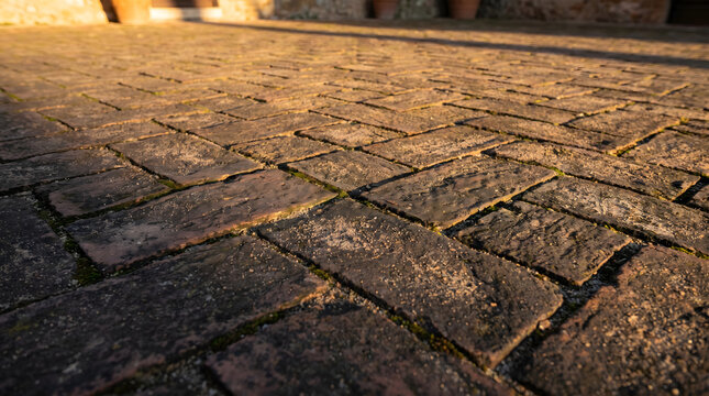 Old weathered terracotta bricks form a rustic ground pattern in this low angle photo capturing warm golden hour light reflecting across the textured clay surface path