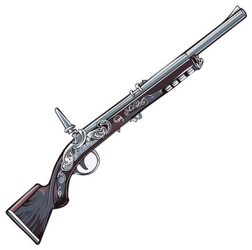 Ornate Antique Flintlock Musket Illustration, Detailed Engravings, Classic Firearm History, Decorative Elements