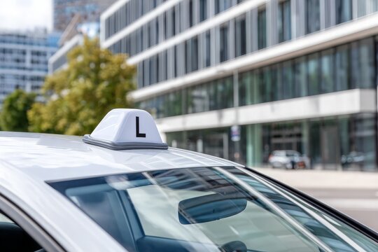 Learner driver car with L plate on roof in urban city street