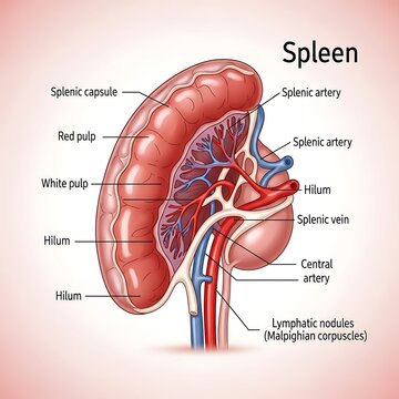 Human spleen anatomy labeled diagram.