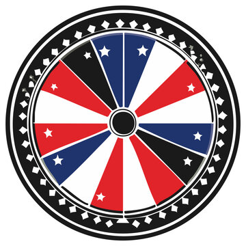 Circular Wheel with Red, Blue, White, Black Stripes and Stars, Bordered by Black Diamonds