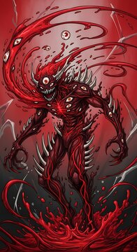 Dark fantasy creature red swirling background.