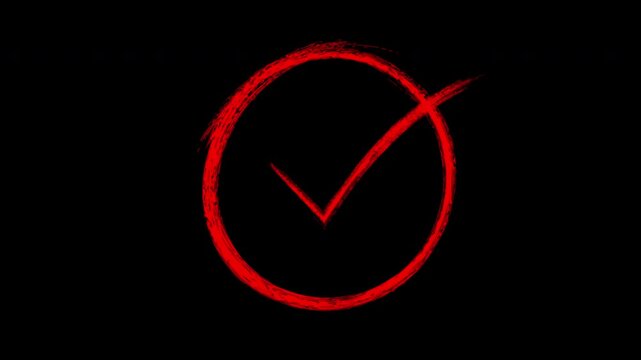 Hand-drawn red checkmark circle animation on black background, for success and approval