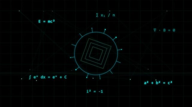 Glowing Blue Mathematical and Physics Formulas with Futuristic HUD Interface on Dark Grid Background