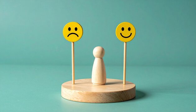 Wooden Figure Choosing Between Happy and Sad Faces Conceptual Image for Customer Satisfaction Emotional Intelligence Mental Health and Feedback Evaluation