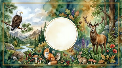 Fototapeta premium Watercolor forest scene with eagle, deer, fox, owl and rabbit surrounding a blank round frame, vibrant wildflowers and trees in background.