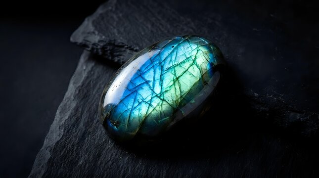 Polished labradorite gemstone with brilliant blue and green flash on dark slate surface for jewelry design and mineral collection displays.