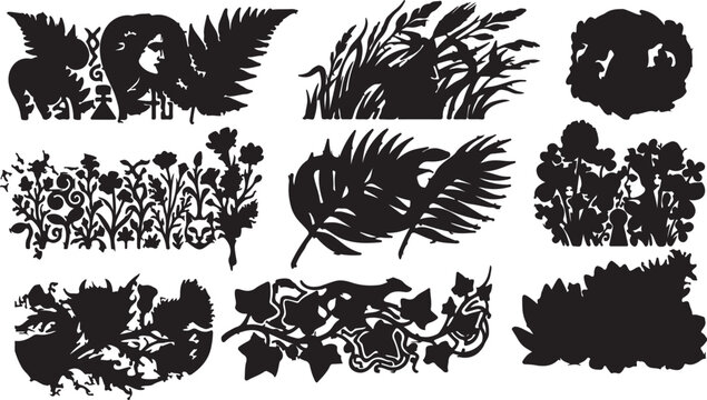 Mystical Nature Silhouettes: Foliage and Floral Design Elements.
