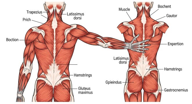 Anatomy of human back muscles diagram.