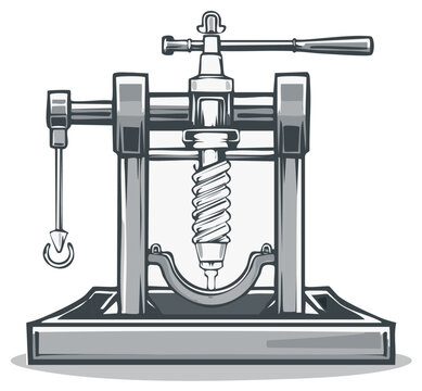Vintage Screw Press Machine Illustration Industrial Equipment Tool Vector Graphic Gray Style Simple Detailed Engineering Design