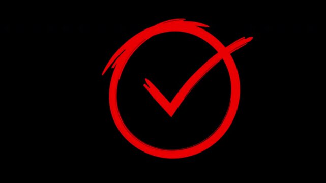Red hand-drawn checkmark circle animation on black background, for ui and, success concepts
