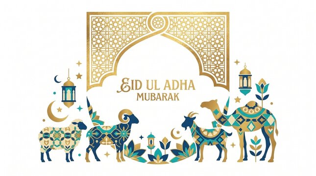 Decorative arch with Islamic patterns, crescent moons, stars, and adorned animals, celebrating Eid ul‑Adha with devotion and cultural richness.