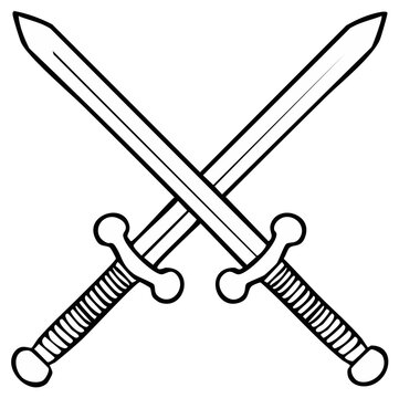 Two medieval broadswords crossed with ornate hilts and patterned grips on a white background