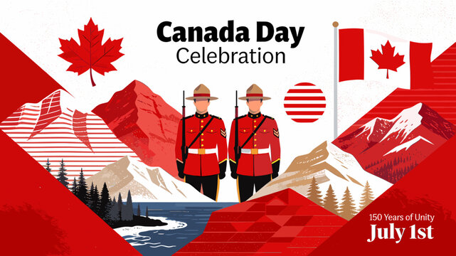 Canada Day Celebration featuring Mounties, Canadian flags, maple leaves, and mountainous landscapes.