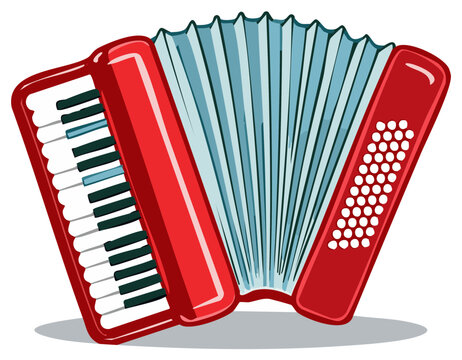 Red accordion instrument cartoon illustration with keys and bellows for music performing and culture.