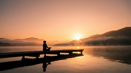 Fototapeta premium Person meditating on wooden dock at sunrise over misty mountain lake with golden light reflection creating peaceful zen atmosphere for wellness content.