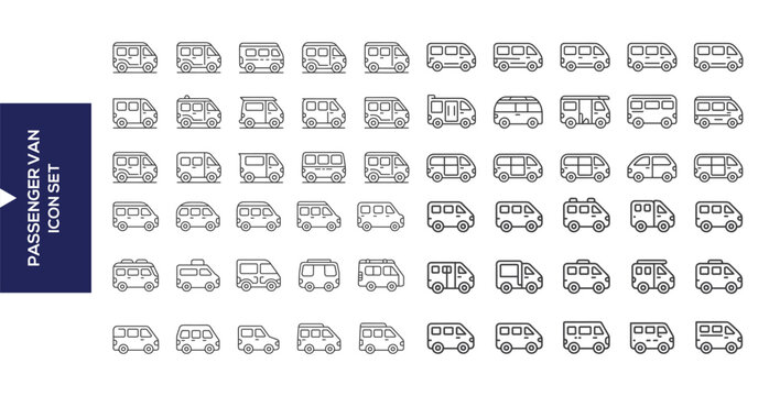 Passenger Van Icon Set: A collection of meticulously designed icons showcasing a passenger van in various styles, sizes, and perspectives, perfect for transportation and vehicle-related projects.