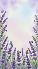 Fototapeta premium Watercolor lavender field frame with butterflies and bees on soft purple background, botanical border design for wedding invitations and greeting cards.