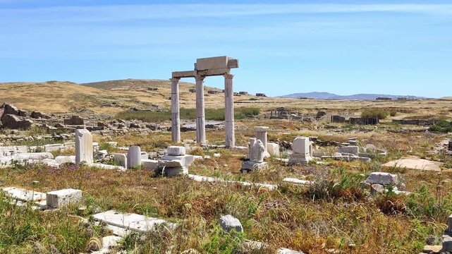 View of the ancient ruins of the Establishment of the Poseidoniasts of Berytus (modern Beirut) on the island of Delos, Greece.