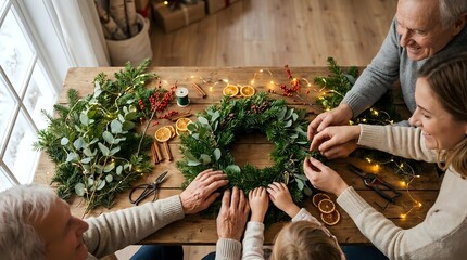 Obraz premium Senior Caucasian man and young woman crafting Christmas wreath together at wooden table with festive decorations and warm lighting in cozy home interior.