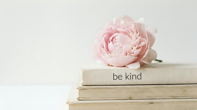 Soft pink peony resting on stacked books with be kind text, pastel minimalist lifestyle flat lay for wellness and inspiration.