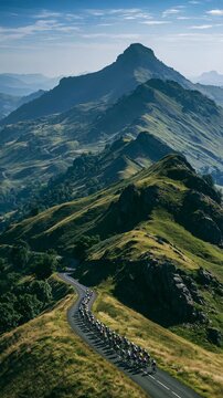 Aerial view of a cycling peloton on a winding mountain road