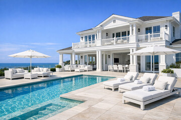 Fototapeta premium Spacious coastal estate offering a serene atmosphere, perfect for relaxation and entertaining guests.