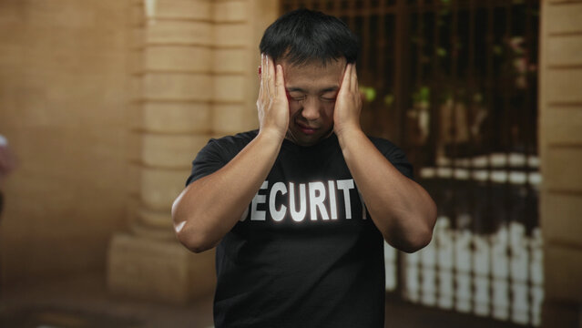 Man security guard wearing black tshirt covers face with hands at historic building entrance; anxiety.