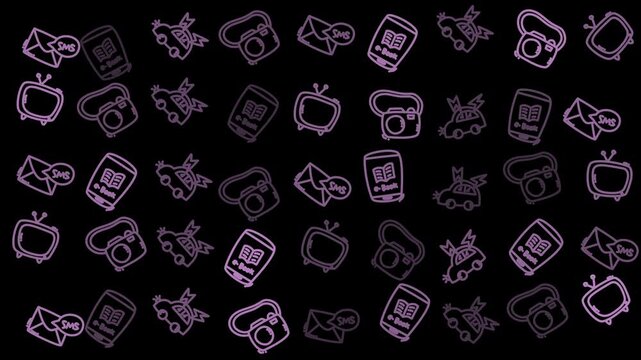 Purple outlines of tech icons dance across black. Each symbol pulses with retro digital charm. Simplicity speaks to modern design sensibilities. Ideal for app interfaces or tech-themed backgrounds