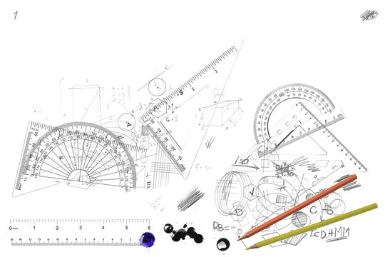 Solving a geometric or mathematical problem, practice, abstract drawings of geometric shapes isolated on white background with space, back to school, design element
