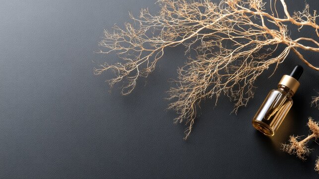 Golden cosmetic dropper with delicate seaweed branch on dark textured surface for spa branding, beauty label design, banner and background