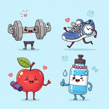 Healthy lifestyle cartoon characters exercising.
