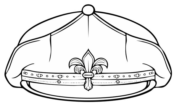 Black and white line art illustration of a clerical biretta hat with a fleur de lis symbol