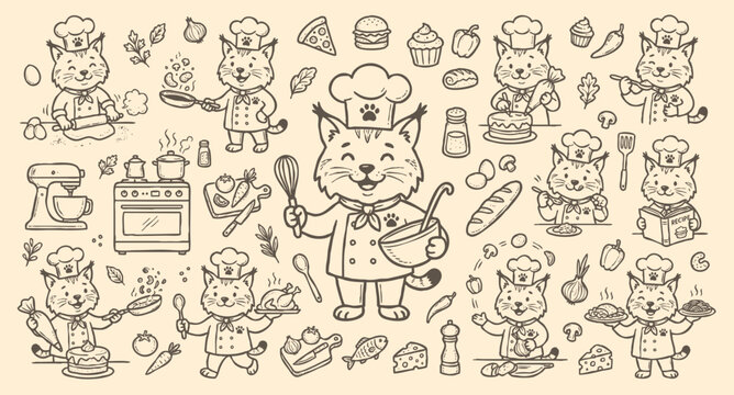 Vector doodle set of bobcat chef mascots and kitchen tools.