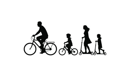 Obraz premium family riding bicycles and scooters in line silhouette