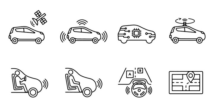 Self driving and autonomous vehicle technology icon set. Future smart car linear outline vector illustration collection.