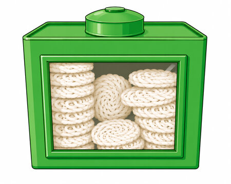 Green square tin can with lid filled with white tapioca crackers, krupuk illustration, classic Indonesian warung snack container.
