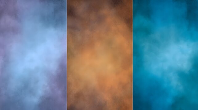 A multi panel abstract backdrop featuring smoky gradients in cool blues warm oranges and deep teals