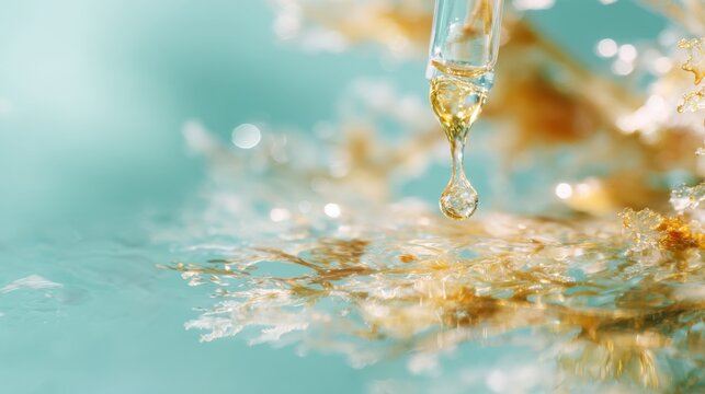 Marine serum dropper releasing golden droplet over ocean water and seaweed for skincare packaging and spa background design