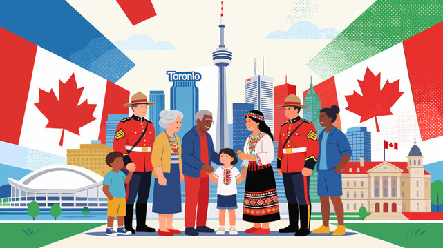 Diverse group of people representing Canada's multiculturalism with iconic Toronto landmarks and Canadian flags in the background.
