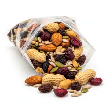 Colorful assortment of nuts and dried fruits in a plastic bag