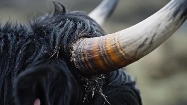 Extreme close up of a curved horn from a black highland cow with its thick shaggy fur in soft light.