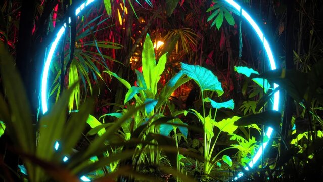 Neon circle glows through lush jungle foliage. Vibrant green leaves frame glowing blue ring. Deep shadows contrast bright artificial light. Jungle feels alive, mysterious, and futuristic