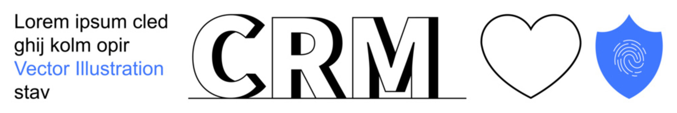 Customer relations, data protection, technology, business solutions, love for CRM, security systems. CRM text with heart icon and shield containing fingerprint. Customer relations and data protection