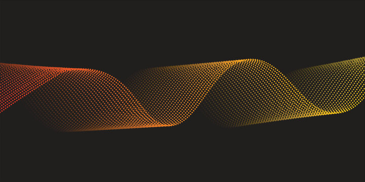 Flowing dots particles wave pattern yellow and red isolated on black, background. Vector in concept of technology, science, music, vector illustration